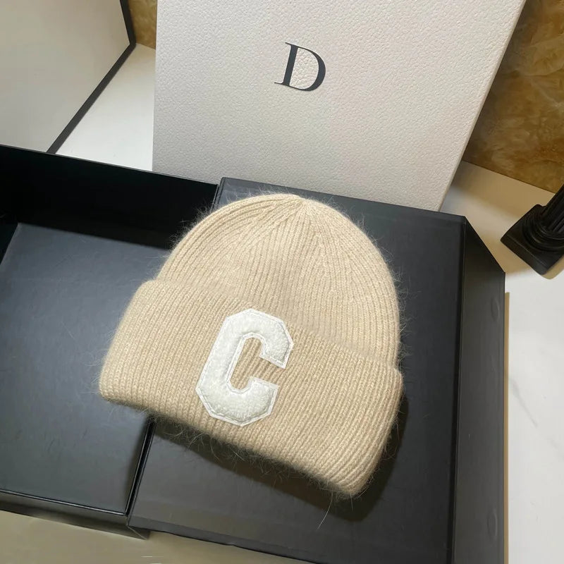 Unisex Fashion C Letter Desig Knitted Hat Winter Autumn Rabbit Fur Beanie Cap Brand Female Thicken Warm Skullies Caps bicycle