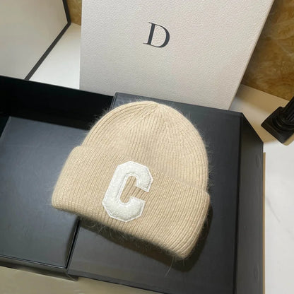 Unisex Fashion C Letter Desig Knitted Hat Winter Autumn Rabbit Fur Beanie Cap Brand Female Thicken Warm Skullies Caps bicycle