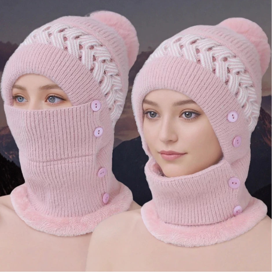 New Style Female Pompoms Winter Hats Plush Fur Lined Keep Warm Winter Hat Women Windproof Coldproof Thicken Balaclava Cap