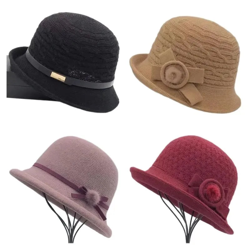 Woolen Bucket Hat Women's Autumn and Winter Bow Korean Version Versatile Japanese Dome Basin Hat British Retro Top Hat Tide