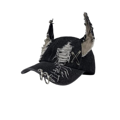 Korean Fashion Baseball Cap For Punk Ripped Retro Denim Jeans Graffiti Cool Long Rabbit Ear Street Hip Hop Sun Hats Visors