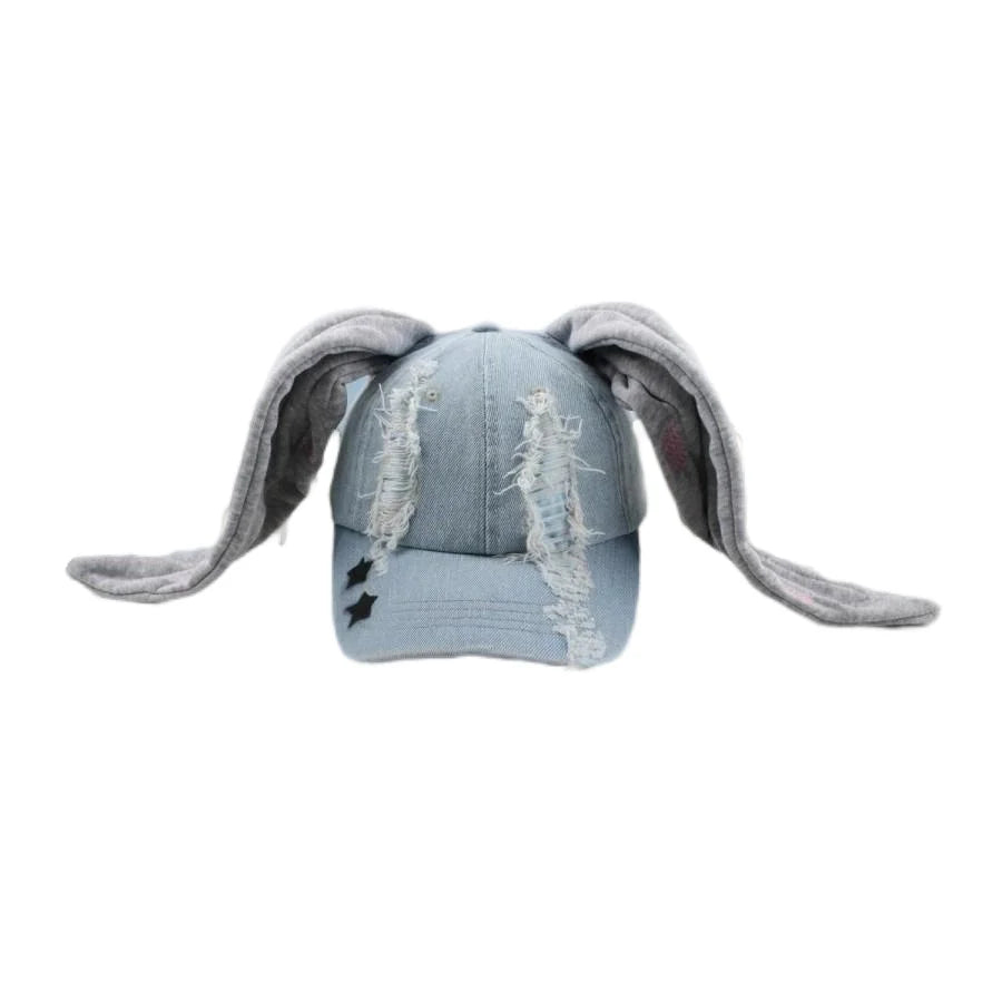 Korean Fashion Baseball Cap For Punk Ripped Retro Denim Jeans Graffiti Cool Long Rabbit Ear Street Hip Hop Sun Hats Visors