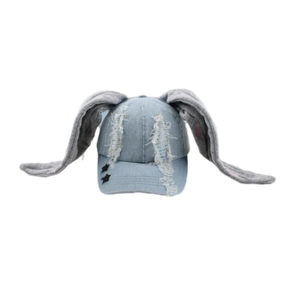 Korean Fashion Baseball Cap For Punk Ripped Retro Denim Jeans Graffiti Cool Long Rabbit Ear Street Hip Hop Sun Hats Visors