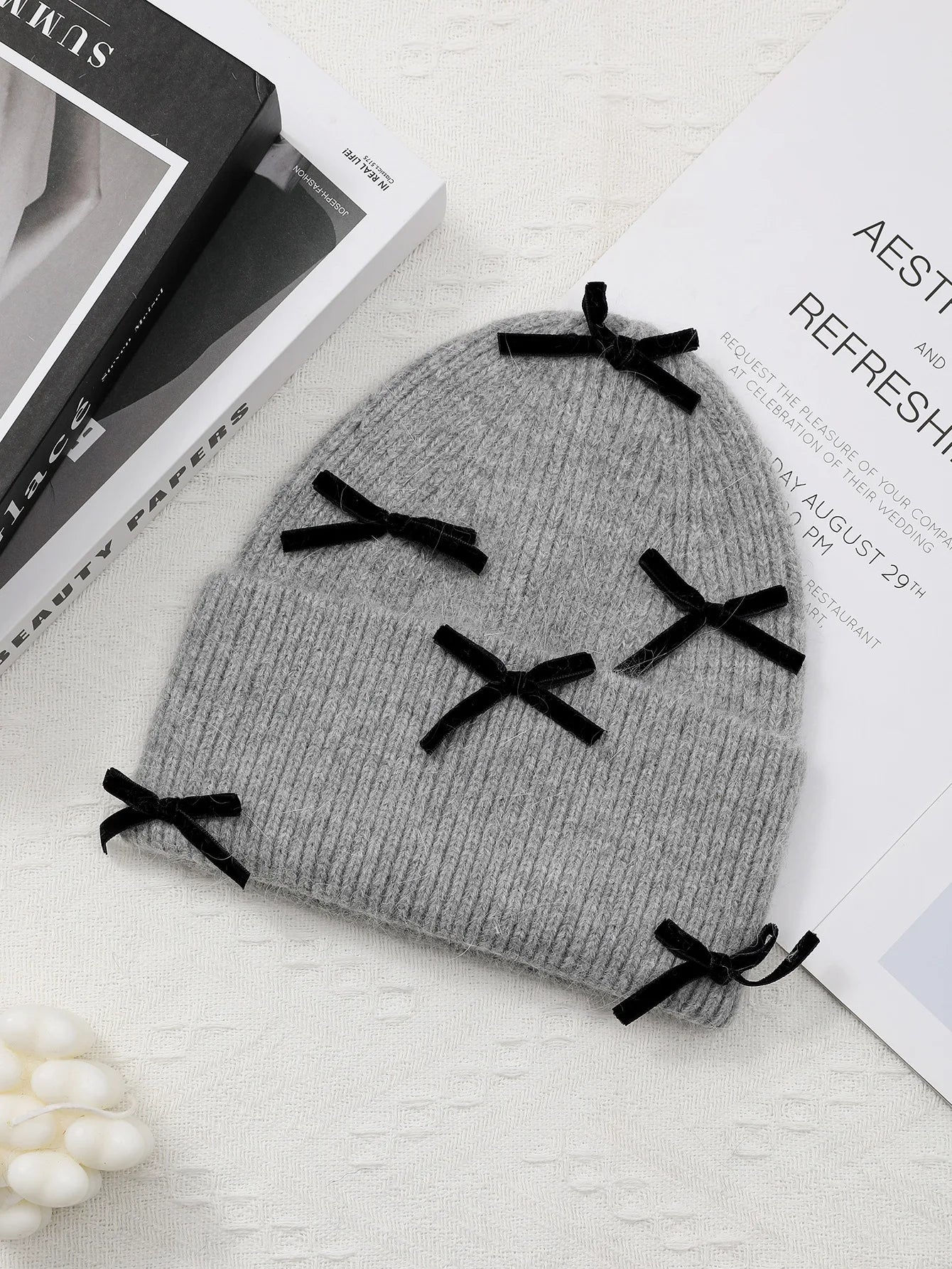 Luxury Rabbit Fur Knitted Hat Women Winter Warm Soft Bowknot Beanie For Women (elegant Solid Colors) | Cozy Fur Lined Baggy Cap