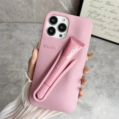 Rhode Lip Gloss iPhone Case – Silicone Makeup Phone Cover with Lipstick Holder