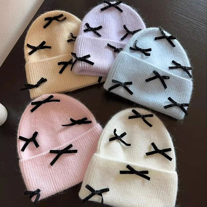 Luxury Rabbit Fur Knitted Hat Women Winter Warm Soft Bowknot Beanie For Women (elegant Solid Colors) | Cozy Fur Lined Baggy Cap