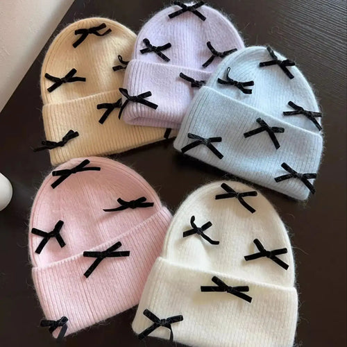 Luxury Rabbit Fur Knitted Hat Women Winter Warm Soft Bowknot Beanie For Women (elegant Solid Colors) | Cozy Fur Lined Baggy Cap