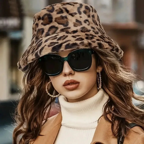 Women'S Leopard Print Plush Bucket Hat - Adjustable, Lightweight Winter Hat with Fluffy Faux Fur Trim Casual & Stylish
