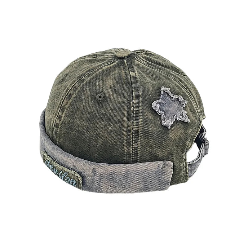 Unisex Washed Brimless Docker Cap – Star Splicing Letter Adjustable Vintage Hip Hop Beanie Hat