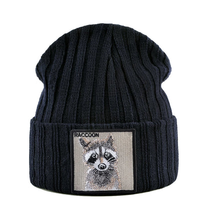 Unisex Black Beanie Hat With Animals Embroidery Patch Knitted Skull Cap For Men Women For Autumn Winter Streetwear Bonnet Hats