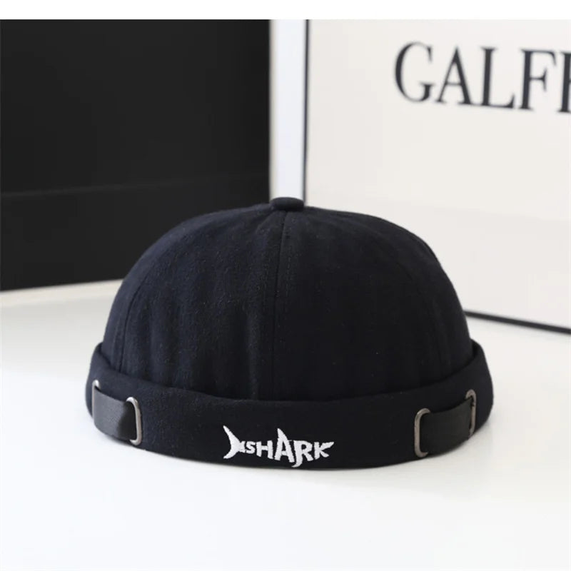 Unisex Vintage Docker Cap – Shark Embroidery Brimless Cotton Beanie Adjustable Dome Sun Hat