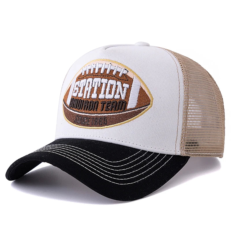 Hot Sale Unisex Football Pattern Mesh Trucker Hat Summer Breathable Baseabll Cap Embroidered Snapback Cap for Men And Women