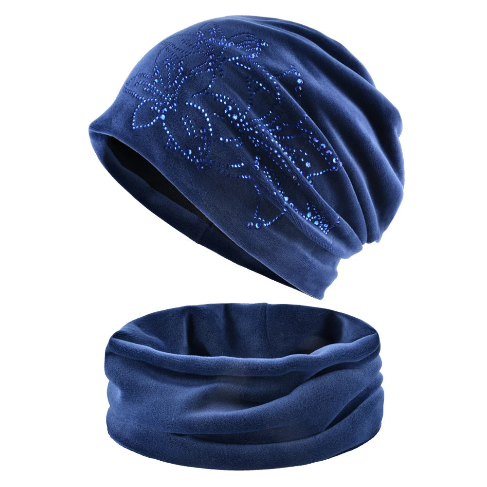 Women's Winter Double-Layer Flannel Knitted Beanie And Scarf Set Diamond Daffodil Pattern Hat Warm Windproof Cold Weather Bonnet