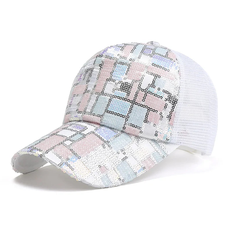 Vibrant Sequined Print Baseball Cap - Adjustable, Glittery Mesh Back Trucker Hat with Hip-Hop Style for Women