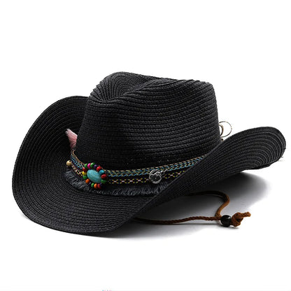 Western Cowboy Straw Hat For Men And Women Summer Bohemia Outdoor Wide Brim Sun Hats Holiday Beach Breathable Jazz Cap
