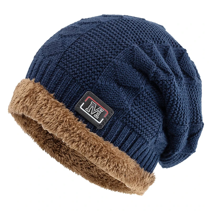 New Unisex Warm Winter Hat Fashion M Letter Label Knitted Hats For Men & Women Add Fur Lined Thick Ski Beanie Bonnet Cap