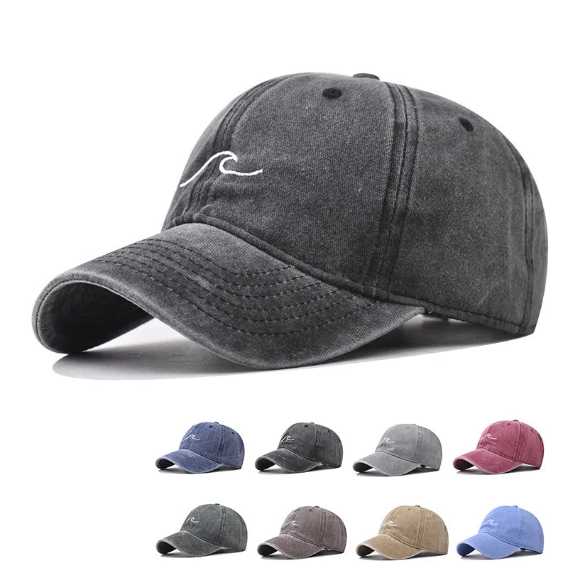 Unisex Washed Cotton Baseball Cap – Wave Embroidery Vintage Dad Hat Snapback