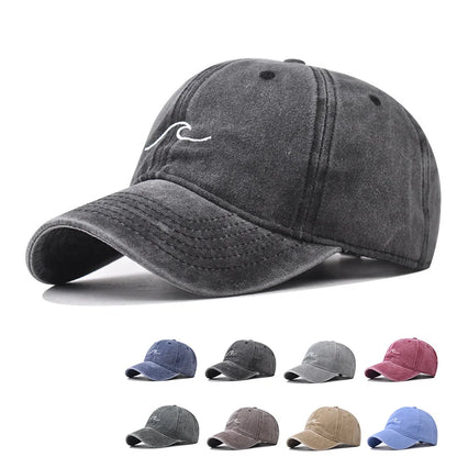 Unisex Washed Cotton Baseball Cap – Wave Embroidery Vintage Dad Hat Snapback