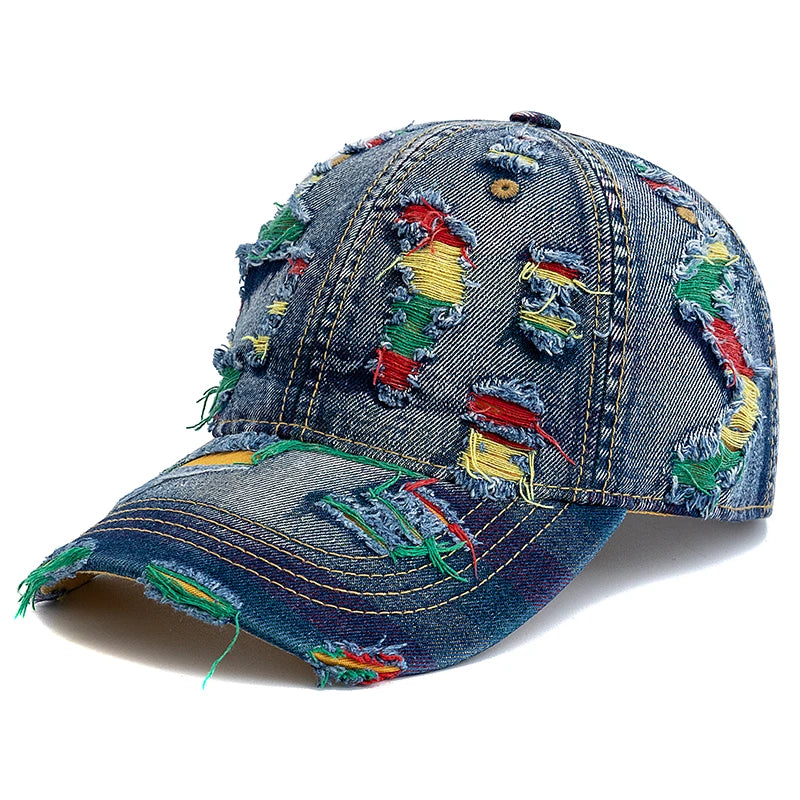 New Style Women Cap Tear Style Hole Vintage Colorful Lines Baseball Caps Female Casual Outdoor Streetwear Denim Hat