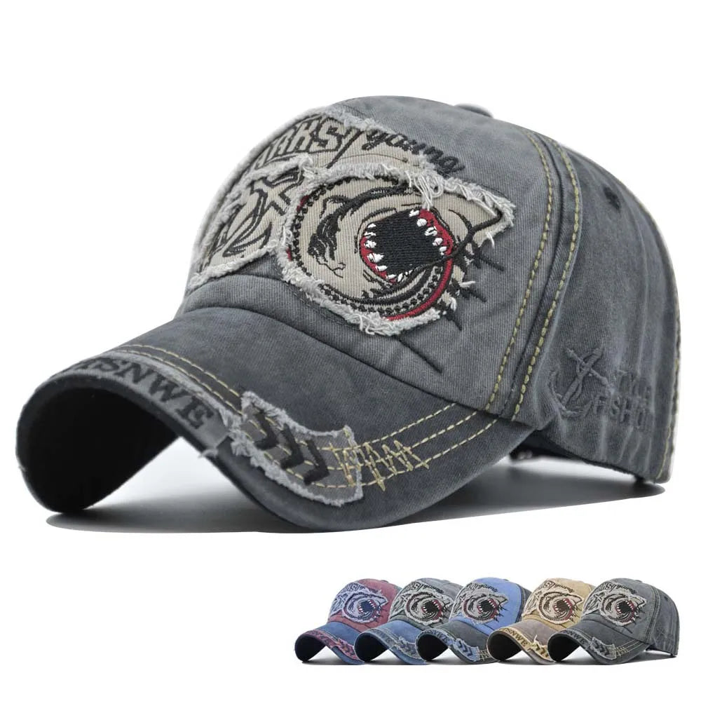 Retro Shark Embroidered Baseball Caps Bone Solid Animal Cartoon Men Women Cotton Stretch Hip Hop Streetwear Sun Hats