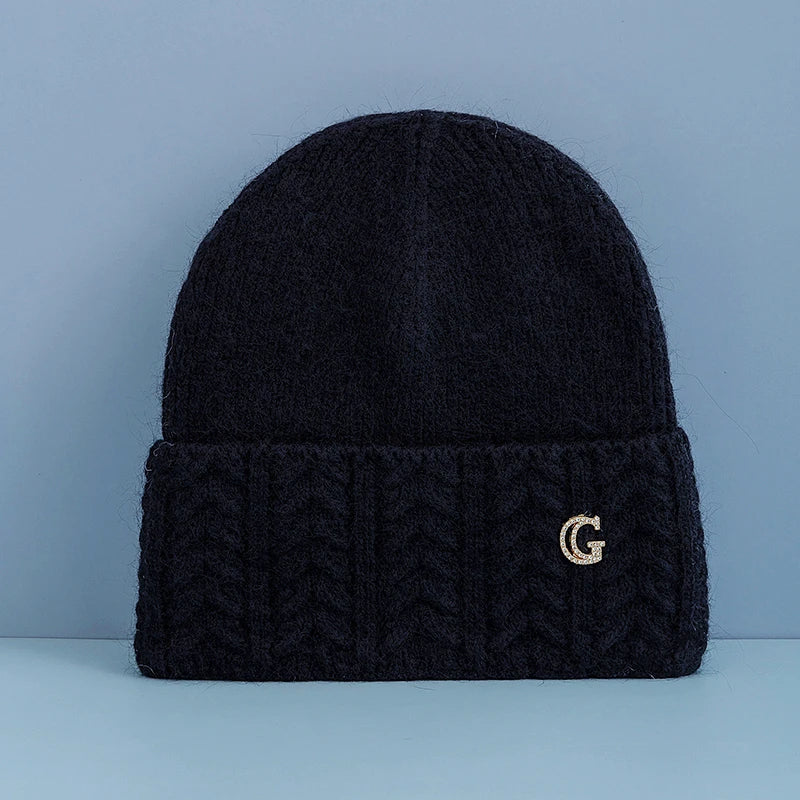 New Style Simple Chic Winter Hat G Letter Decor Rabbit Fur Beanie Elegant Winter Hats For Women Candy Colors Warm Knit Hats