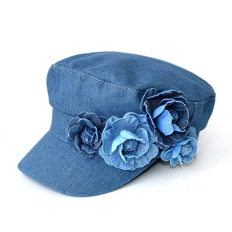 fashion denim beret three-dimensional flower flat top sun hat showing face small outdoor female captain military caps