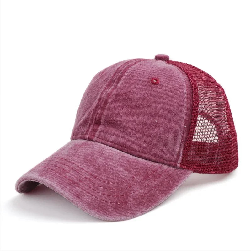 Unisex Washed Cotton Baseball Cap – Vintage Solid Color Adjustable Mesh Trucker Streetwear Summer Outdoor Hat