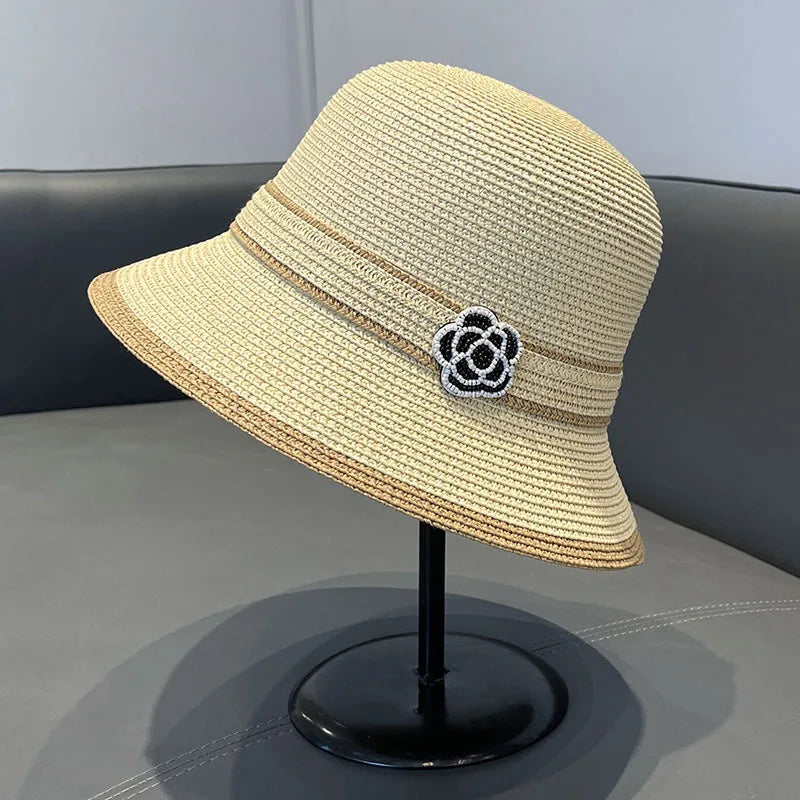 Women's New Straw Camellia Bucket Hat Spring and Summer Japanese Elegant Sunscreen Hat Straw Hat
