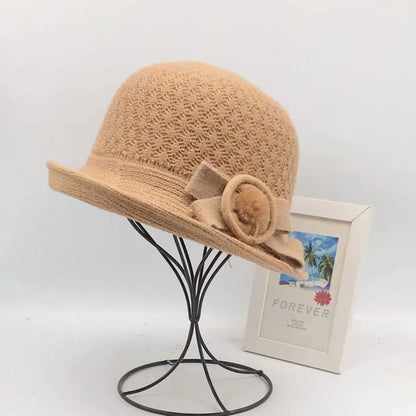 Woolen Bucket Hat Women's Autumn and Winter Bow Korean Version Versatile Japanese Dome Basin Hat British Retro Top Hat Tide
