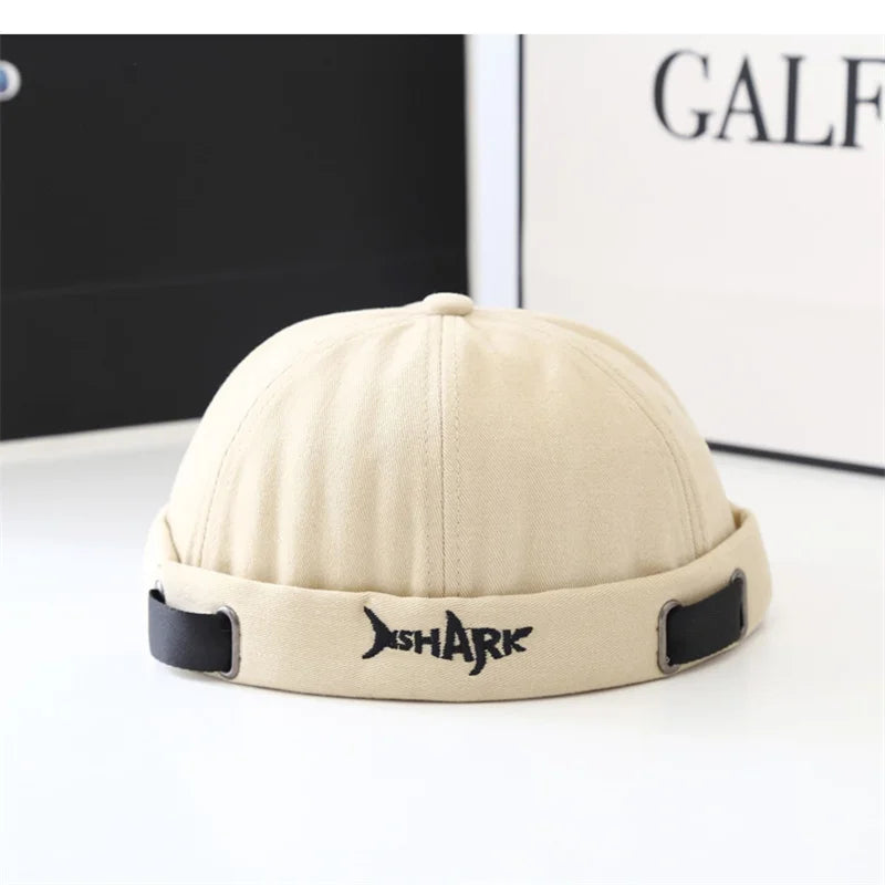 Unisex Vintage Docker Cap – Shark Embroidery Brimless Cotton Beanie Adjustable Dome Sun Hat