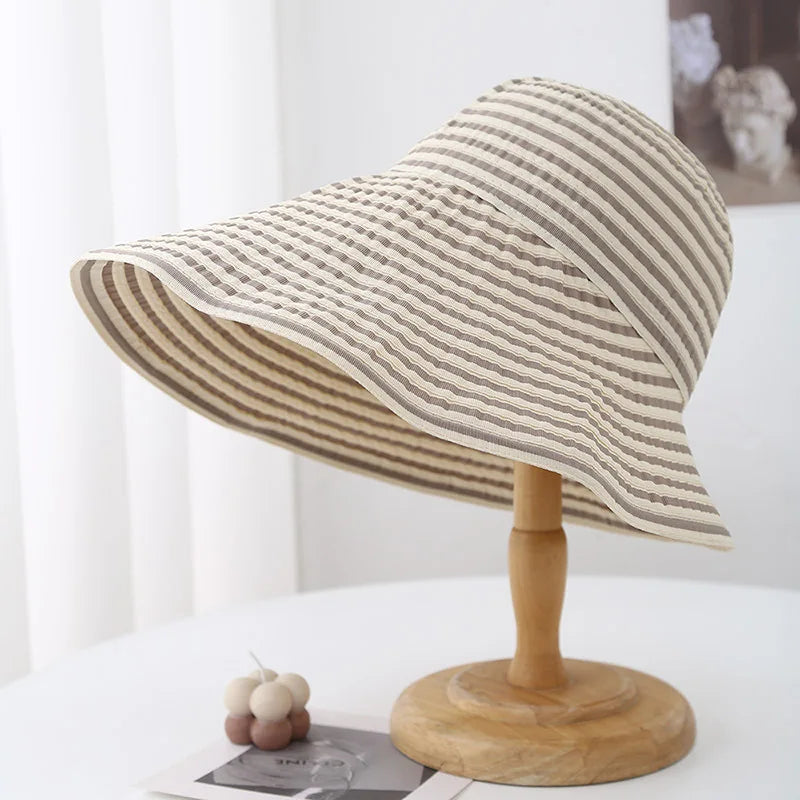 Women's Summer Wide Brim Sun Hat Striped Black & Beige Adjustable Asymmetrical Sunhat Beach Accessories Foldable New