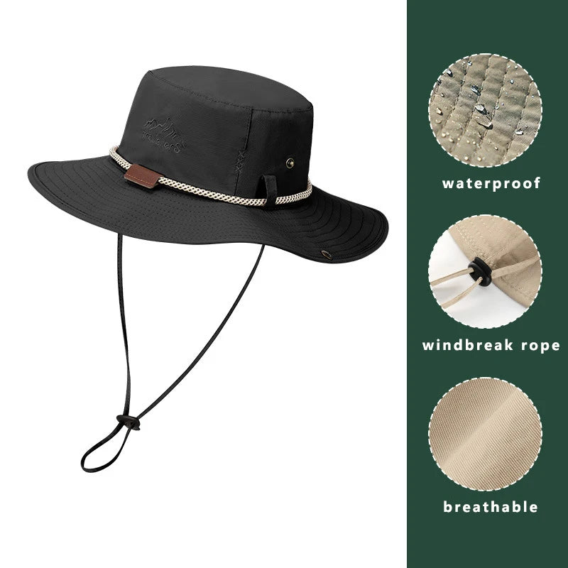 Men Bucket Hat Summer Leather Rope Chain Sun Hat Waterproof Outdoor Hiking Fishing Cap Uv Protect Cowboy Hat Sunshade Breathable
