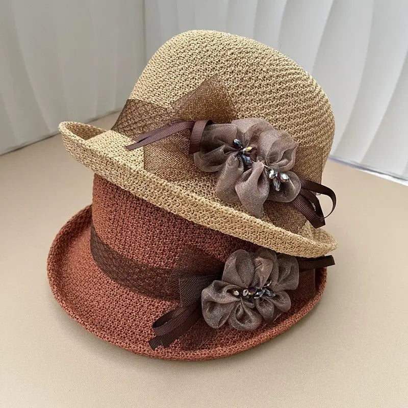 Hat for Women's New Summer Round Top Curled Edge Top Hat Sun Protection BreathabeMiddle-aged and Elderly Mothers Sun Hat Party