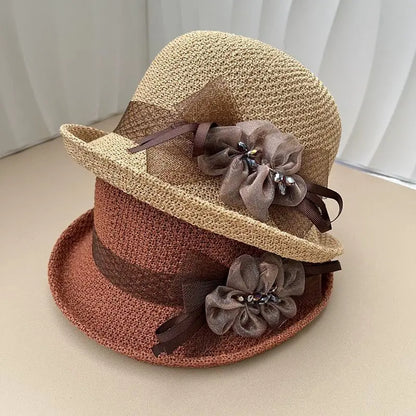 Hat for Women's New Summer Round Top Curled Edge Top Hat Sun Protection BreathabeMiddle-aged and Elderly Mothers Sun Hat Party