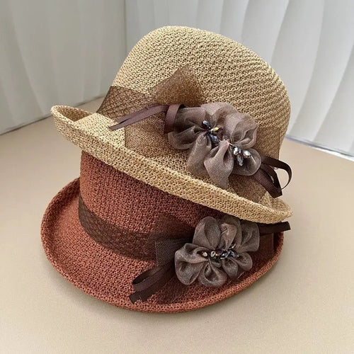 Hat for Women's New Summer Round Top Curled Edge Top Hat Sun Protection BreathabeMiddle-aged and Elderly Mothers Sun Hat Party