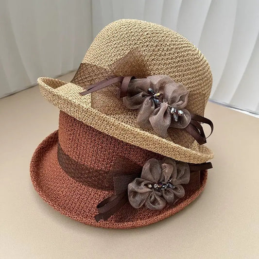 Hat for Women's New Summer Round Top Curled Edge Top Hat Sun Protection BreathabeMiddle-aged and Elderly Mothers Sun Hat Party