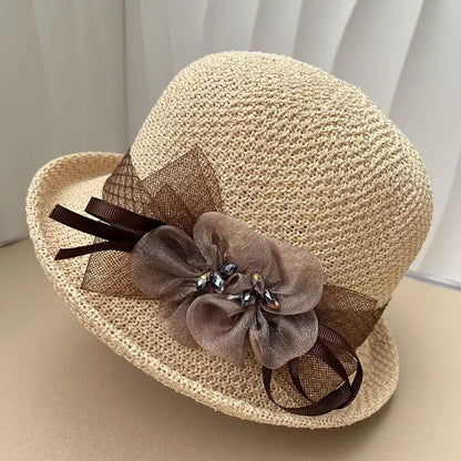 Hat for Women's New Summer Round Top Curled Edge Top Hat Sun Protection BreathabeMiddle-aged and Elderly Mothers Sun Hat Party