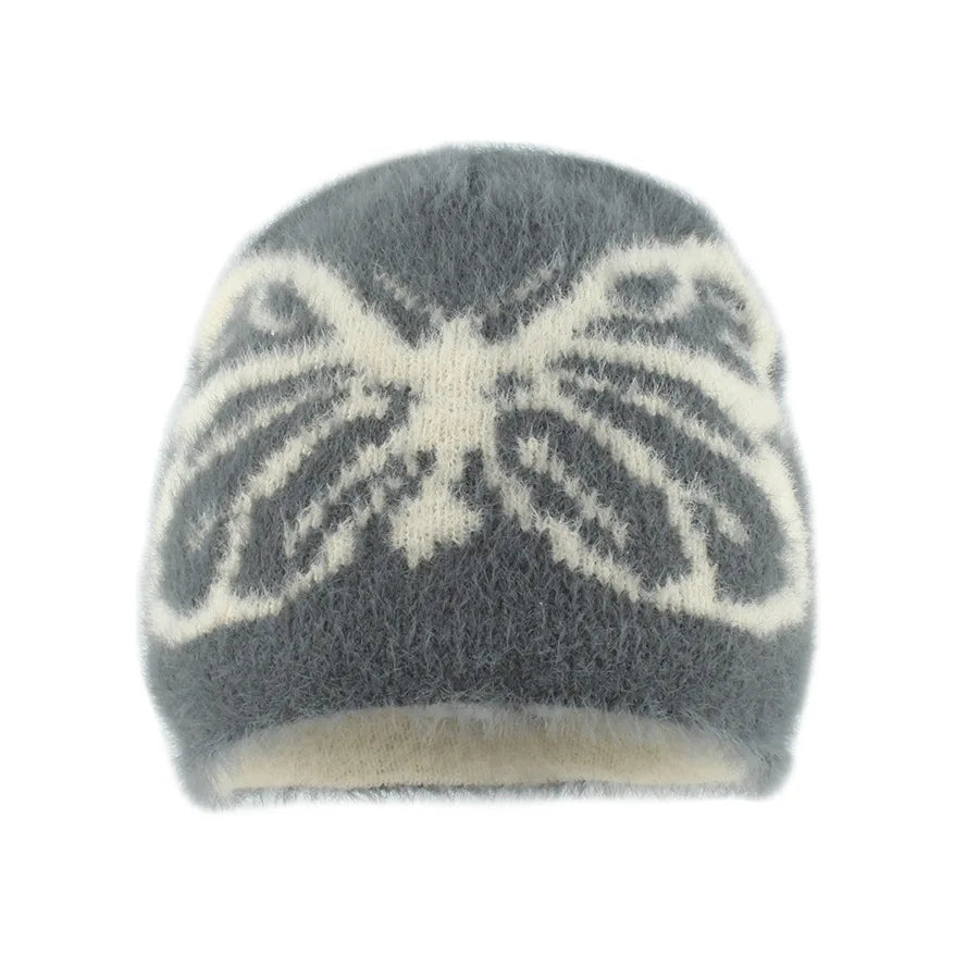 2024 Autumn and Winter New Mink Hair Knitted Hat Female Butterfly Jacquard Thickened Warm Plush Pullover Hat Versatile