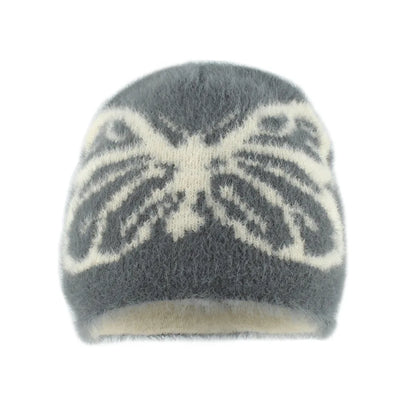 2024 Autumn and Winter New Mink Hair Knitted Hat Female Butterfly Jacquard Thickened Warm Plush Pullover Hat Versatile