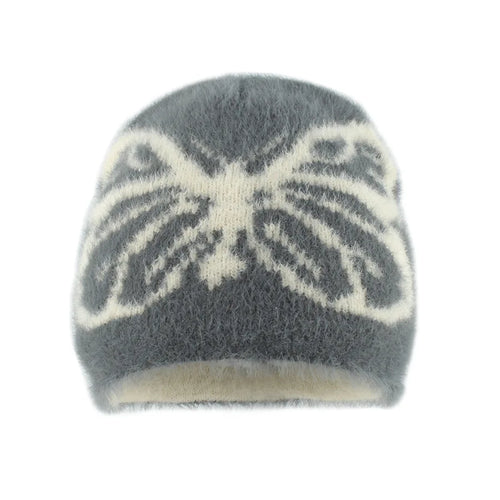 2024 Autumn and Winter New Mink Hair Knitted Hat Female Butterfly Jacquard Thickened Warm Plush Pullover Hat Versatile