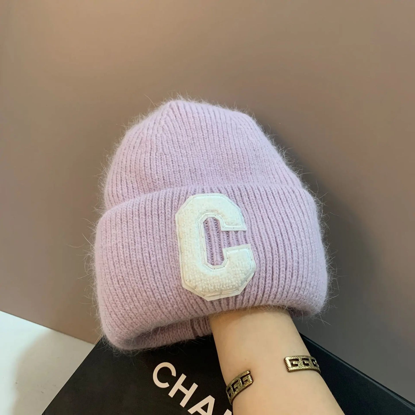 Unisex Fashion C Letter Desig Knitted Hat Winter Autumn Rabbit Fur Beanie Cap Brand Female Thicken Warm Skullies Caps bicycle