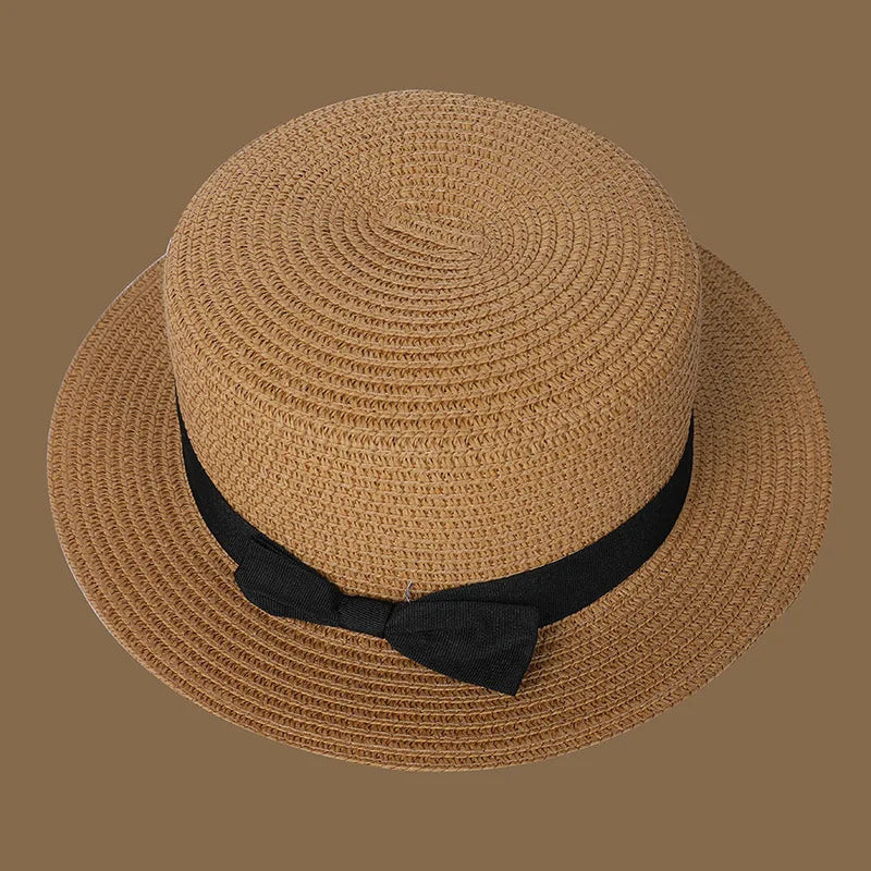 Spring and Summer New Straw Knitted Bow Straw Hat Korean  Fashion and Leisure Foldable Beach Flat Top Short Eaf Straw Hat
