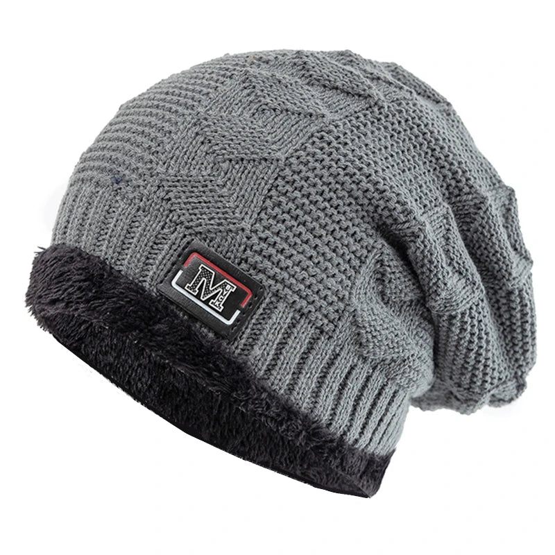 New Unisex Warm Winter Hat Fashion M Letter Label Knitted Hats For Men & Women Add Fur Lined Thick Ski Beanie Bonnet Cap