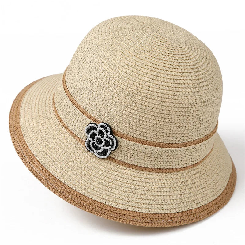 Spring Summer Straw Hat for Women Camellia Luxury Brand Bucket Hat Elegant Floral Elegant Straw Travel Beach Panama  Cap Sun Hat