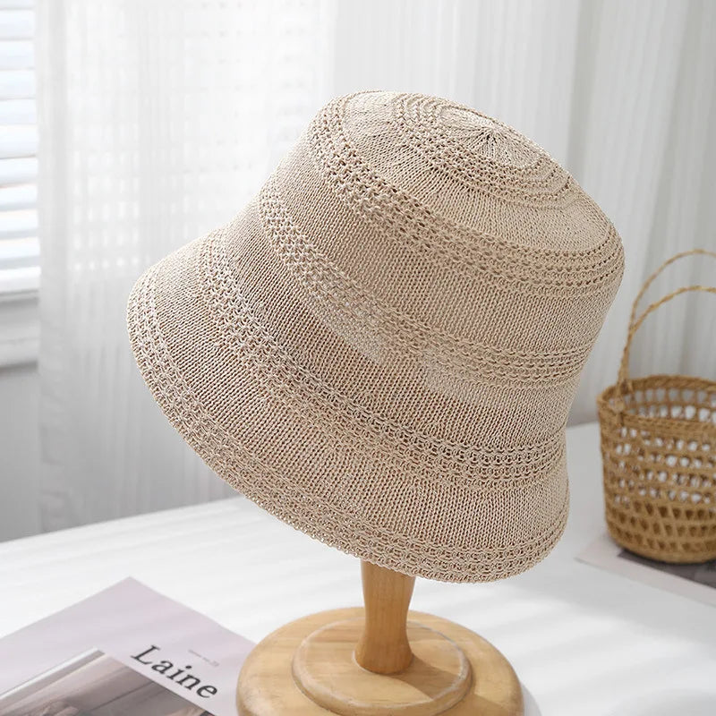 Spring Summer Hat Women Hollow Breathable Knitted Bucket Hat Casual Sunshade Sunhat Solid Simple 2025 New Bob Cap Female