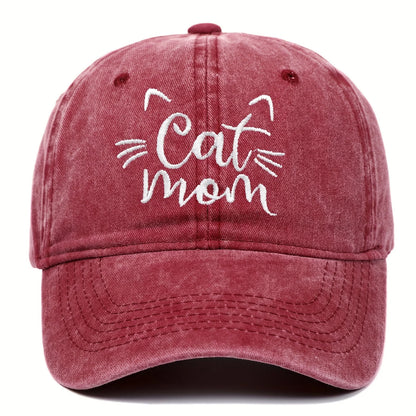 Ladies Embroidered Cat Mom Baseball Cap, Wash Cotton Adjustable Sunscreen Hat,Cartoon Theme, Birthday Gift, Outdoor Spire Caps