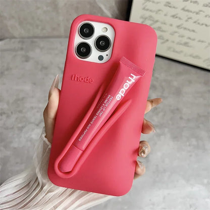 Rhode Lip Gloss iPhone Case – Silicone Makeup Phone Cover with Lipstick Holder