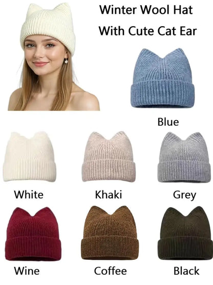 Cat Ears Wool Hat Female Autumn and Winter Korean  Cute Face Small Knitted Hat Big Head Circumference Warm Ear Protection Hat