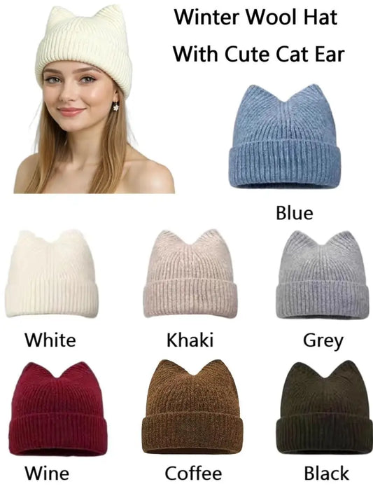 Cat Ears Wool Hat Female Autumn and Winter Korean  Cute Face Small Knitted Hat Big Head Circumference Warm Ear Protection Hat