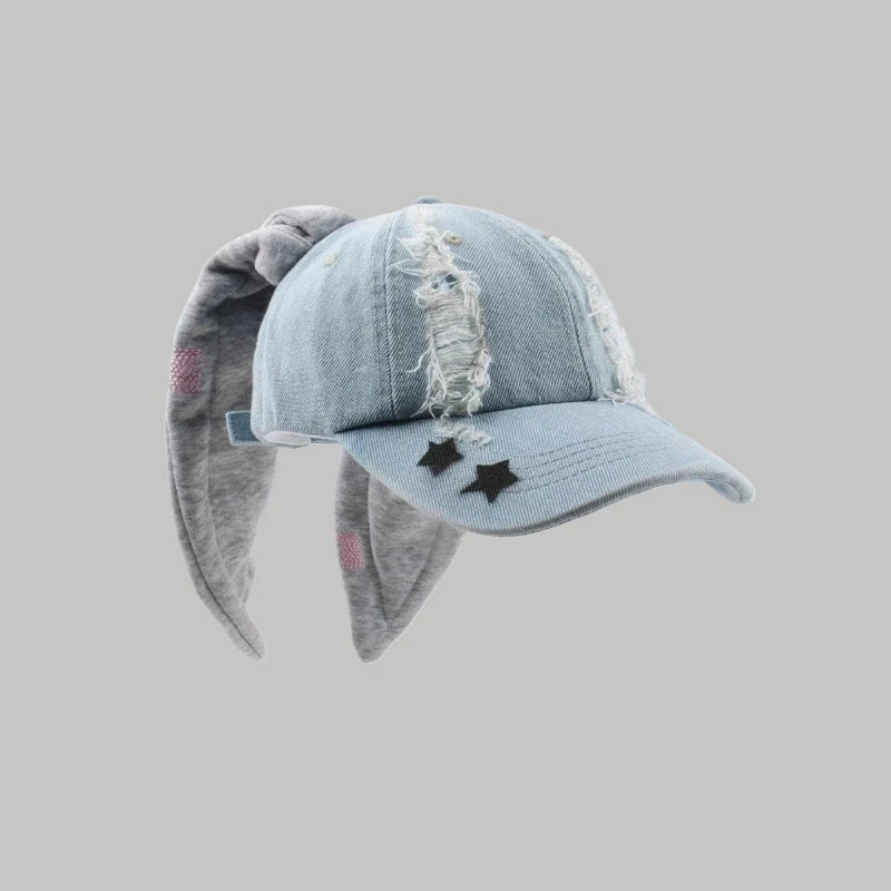 Dark Punk Rabbit Ears Peaked Hat Denim Hole Baseball Cap Women's Trendy Chain Hip-Hop Personalized Abby Style